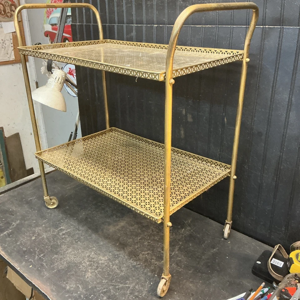 Carro con barra enrollable vintage moderno de mediados de siglo dorado de aluminio con bandeja Foto 4 de 4