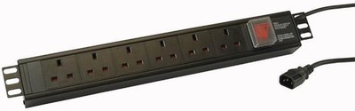 POWERDATA TECHNOLOGIES - 6 Way UK PDU with IEC C14 Plug - Horizontal Rack Mount