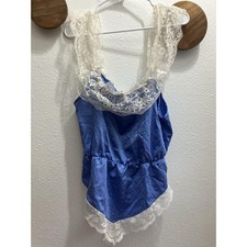 Vintage Blue Shiny Satin Texture Slip Teddy Bodysuit Floral Lace Size M