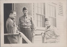 WW2 Photo of Three US Soldiers Posing On Porch Steps By Window