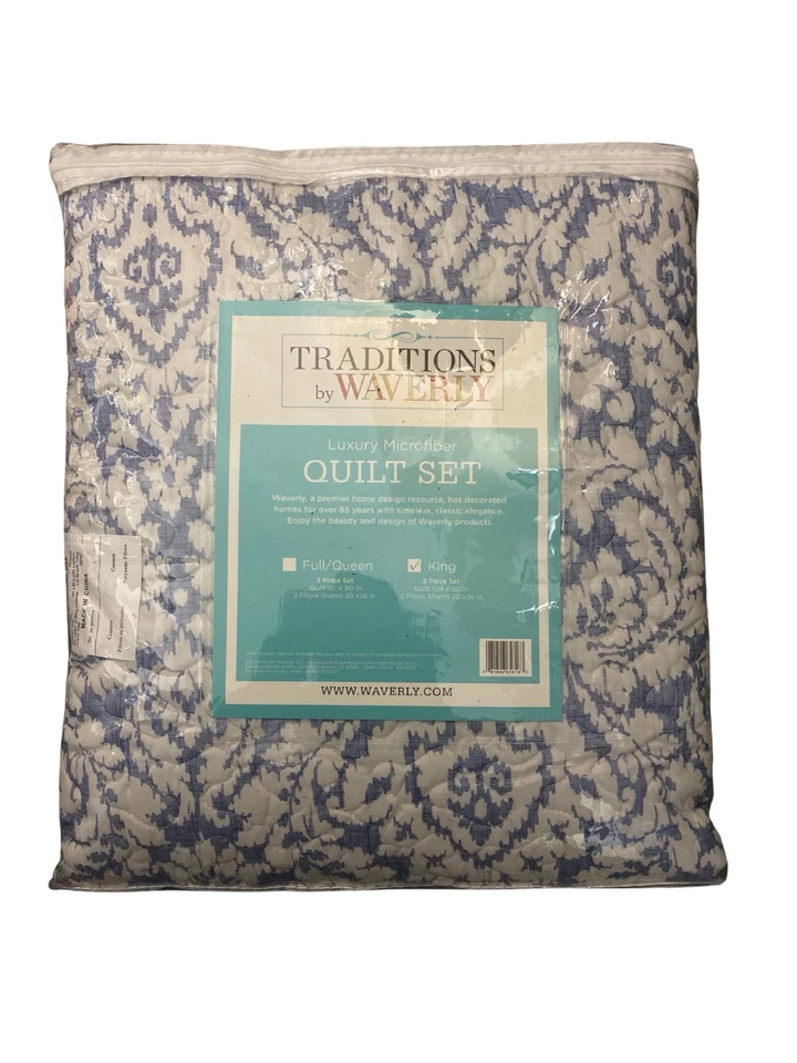 Traditions By Waverly Luxury Microfiber King Size Quilt Set Azure Blue Brand New - Image 2 of 3