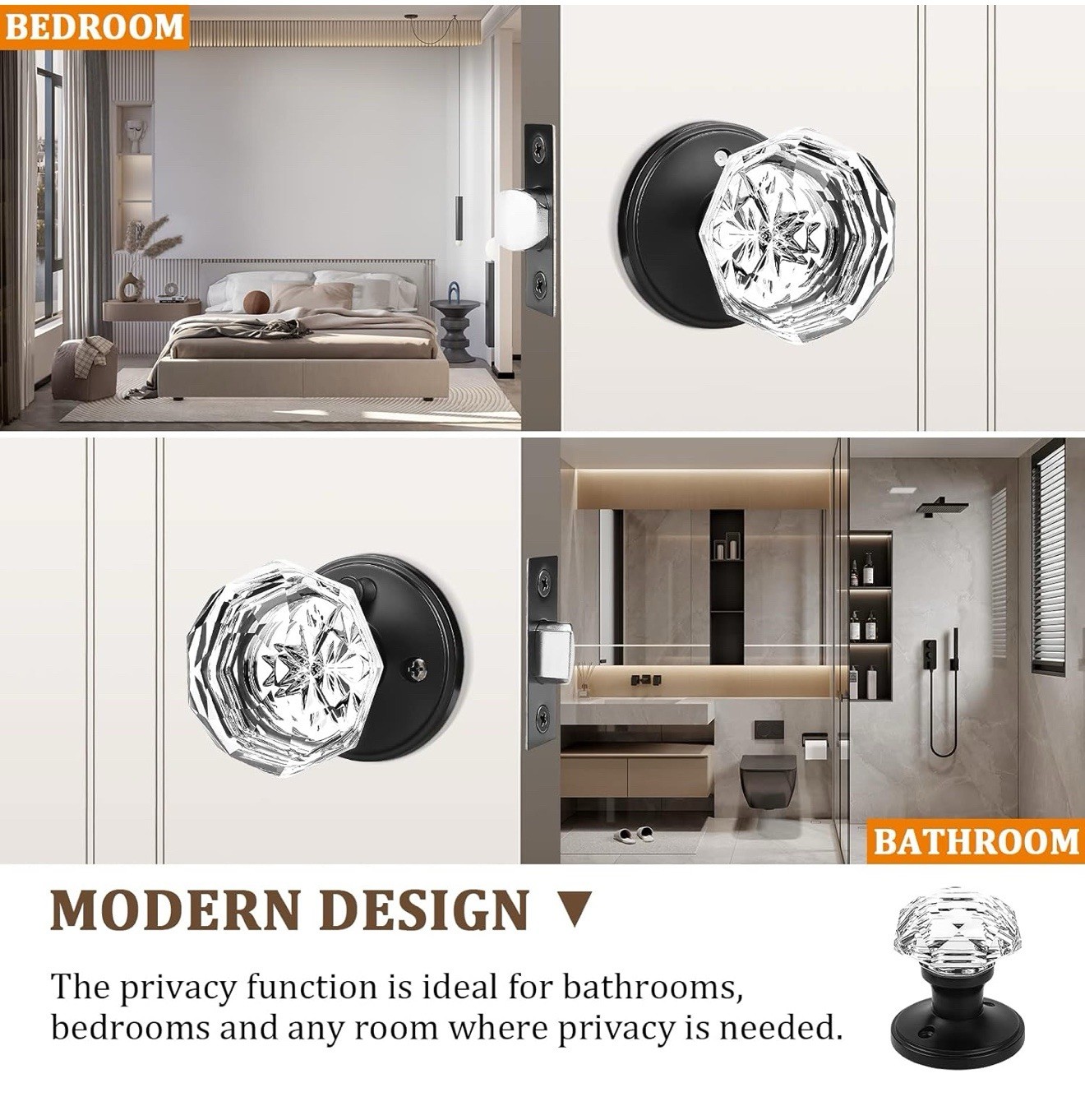 Orger 6 Pack Glass Door Knobs with Flat Black Rosette, Bath/Bed Door Knobs