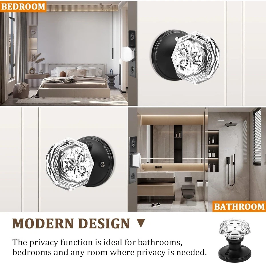 Orger 6 Pack Glass Door Knobs with Flat Black Rosette, Bath/Bed Door Knobs - Image 3 of 4