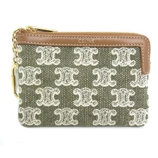 Celine Triomphe Coin Case Green Canvas Leather Keyring Used