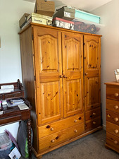 Solid Pine Wood Freestanding Wardrobe 3 Hinged Doors 4 Drawers Brown