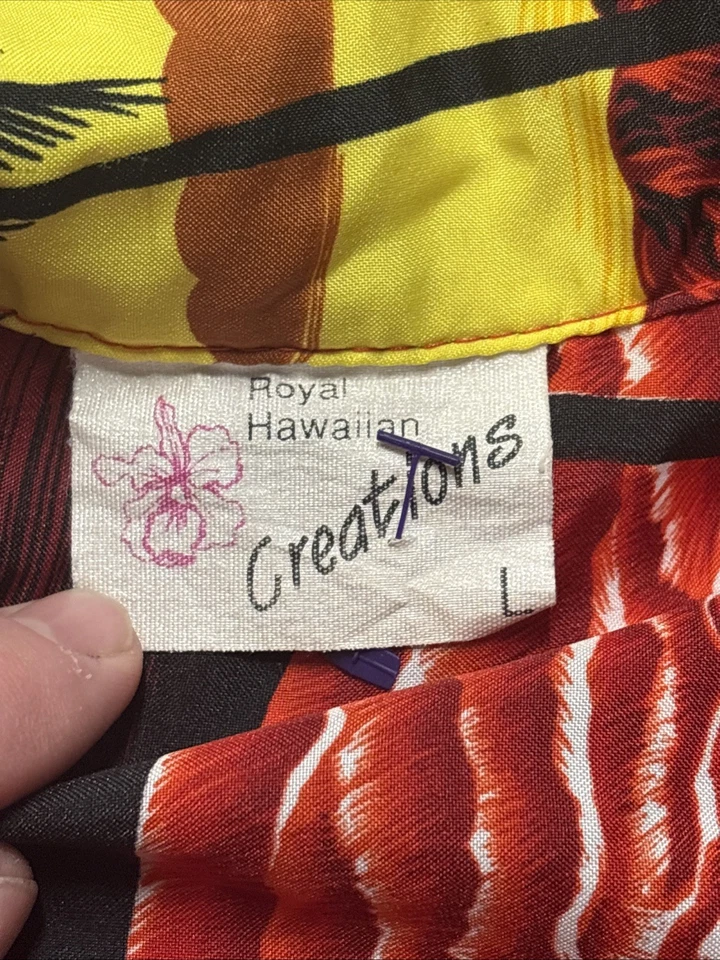 Camisa Hawaiana ROYAL CREATIONS Roja Amarilla Palmeras Grande Hecha en Hawai Foto 4 de 4