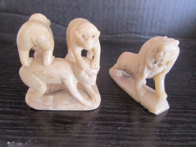 Vintage Chinese Stone Carving Monkeys Forming a Pyramid & Lion