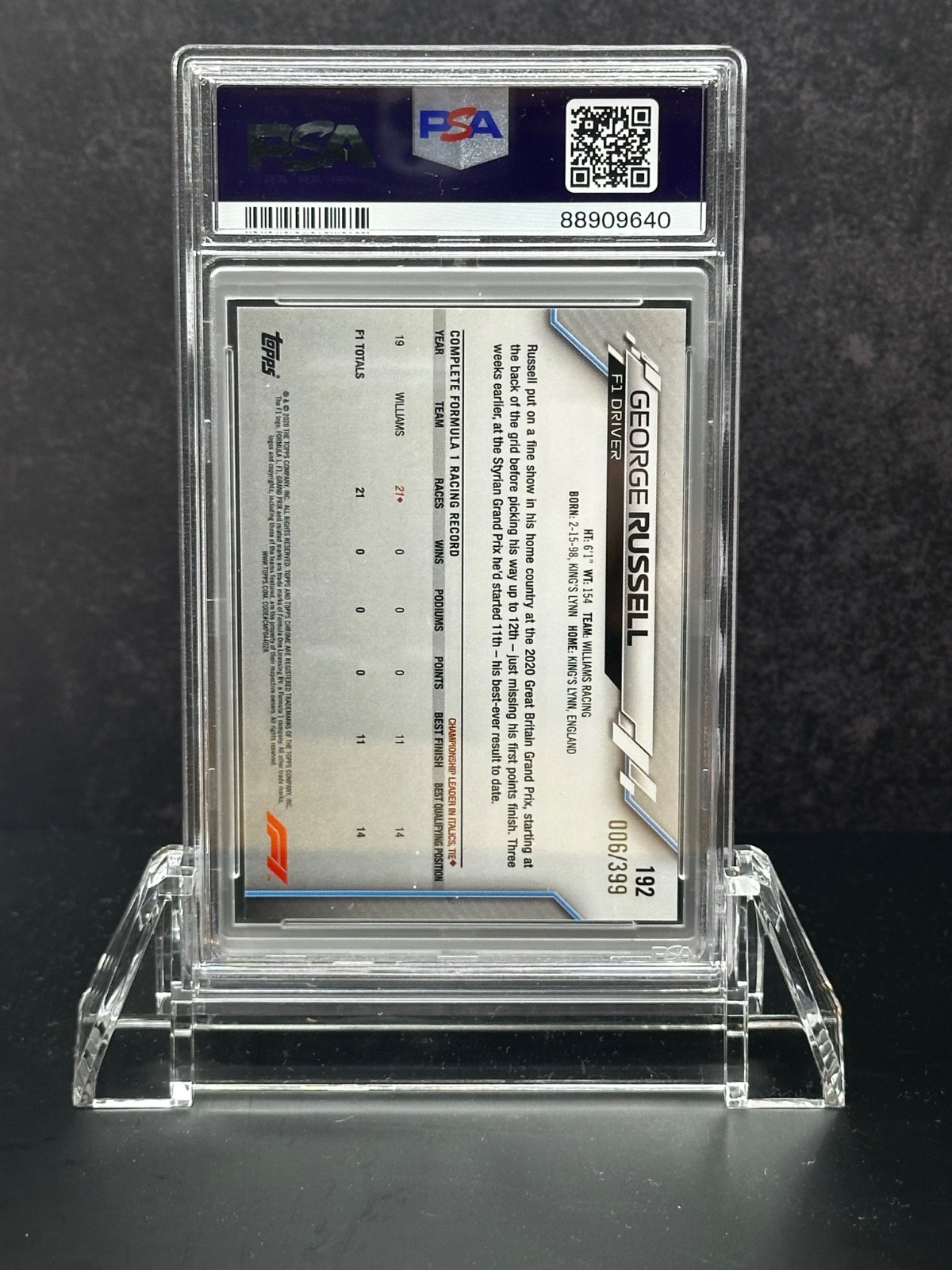 2020 Topps Chrome Formula 1 #192 George Russell Purple Refractor PSA 9 view 2