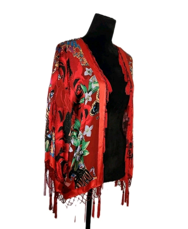 Aria A 复古串珠流苏丝绸混纺花卉和服红色多色 Gipsy Boho — 第 2/4 张图片