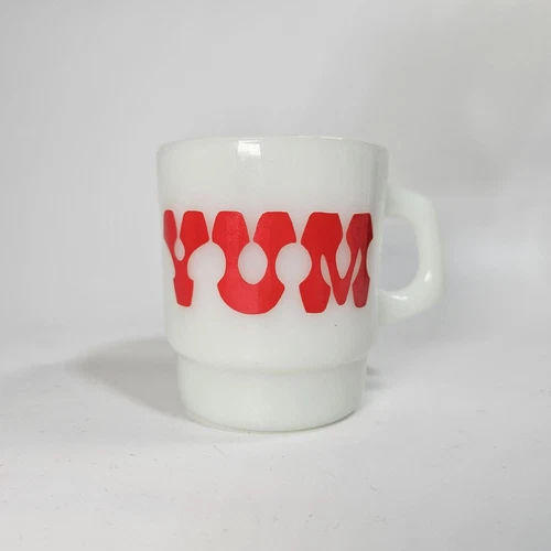Rare Vintage Yum Yum Donuts FIRE KING D Handle Coffee Mug Milk Glass Sign