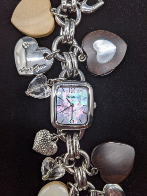Fossil F2 Mop Es 1737 Women S Multi Heart Charm Bracelet Stainless Steel Watch For Sale Online Ebay