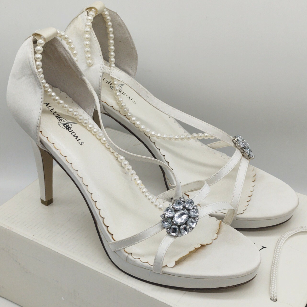 Allure Bridals Size 9 White Satin Stiletto Heels with Beaded Pearl Accents Open Toe
