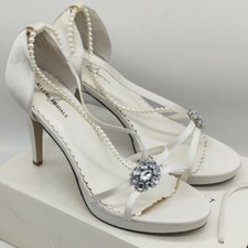 Allure Bridals Size 9 Open Toe White Satin Stiletto Heels  Beaded Pearl Accents