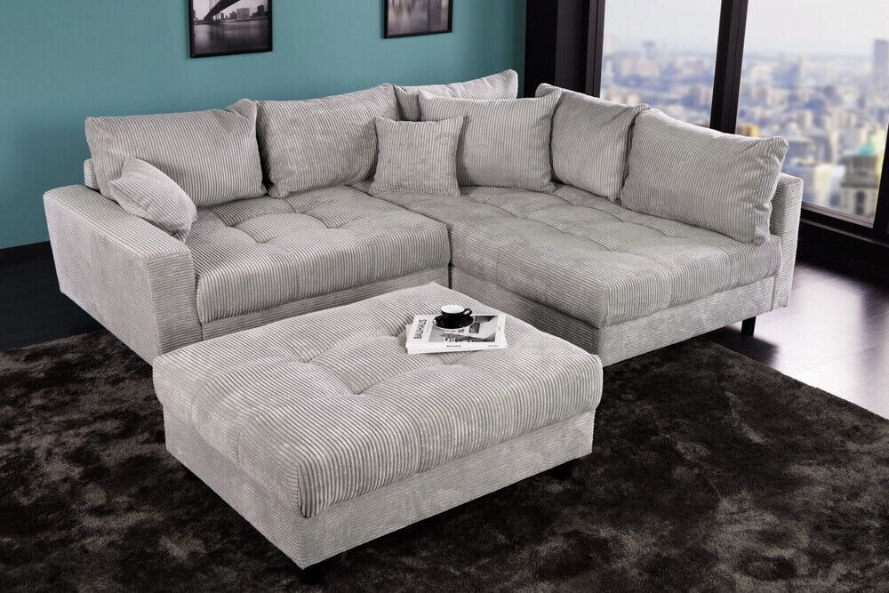 Ecksofa KENT 220cm hellgrau Cord inklusive Hocker L-Form Couch Sofa Wohnzimmer