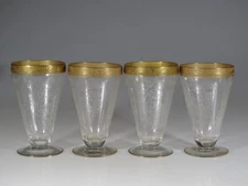 Set of 4 Deco Crystal Glass Footed Tumblers Lotus Springtime Gold Trim c.1935