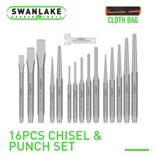 16Pc Punch & Cold Chisel Set Pin Tapered Center Punches + Gauge With Roll Pouch