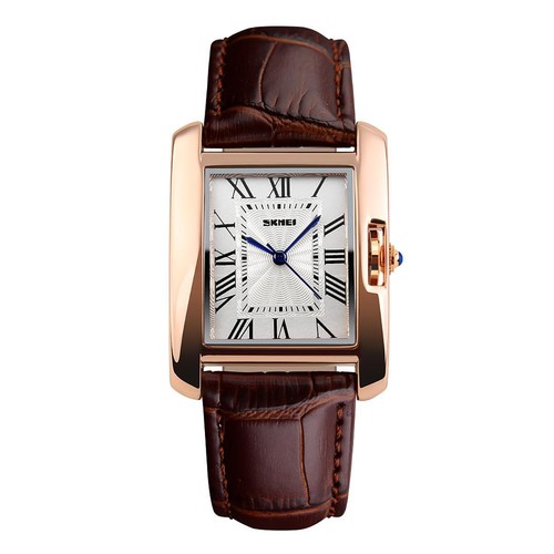 Skmei Women's Watch Square Rose Gold Roman Numerals Genuine Leather Strap Brown