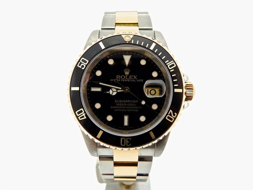 Rolex Submariner 2tone 18k Yellow Gold & Steel Watch Date Black Sub SEL 16613 - Picture 2 of 7