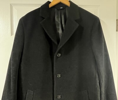 Hathaway Platinum Men’s Top Coat 44R Black Wool Cashmere Blend Lined  Overcoat