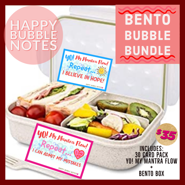 BENTO BOX BUBBLE BUNDLE w/ 30 Pc Lunchbox Happy Bubble Notes Kid Mantra Pk