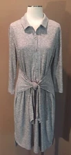 H by Halston XL Green & White Lux Jersey Shirt Dress W Tie Waist & Long Sleeves