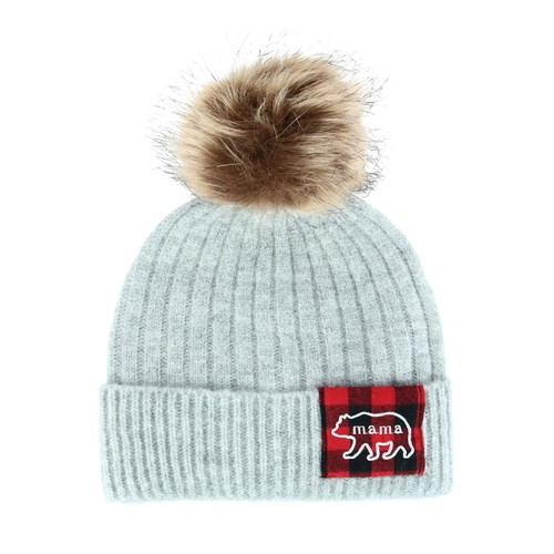 Mama Bear Beanie Hat with Plaid Patch 