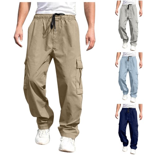 Male Versatile All Season Cargo Pants Pocket Hem Solid Color Plus Size Outdoor