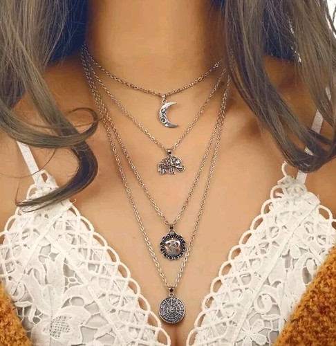 Multistrand Boho Necklace with Moon and Elephant Charms – Silver Tone