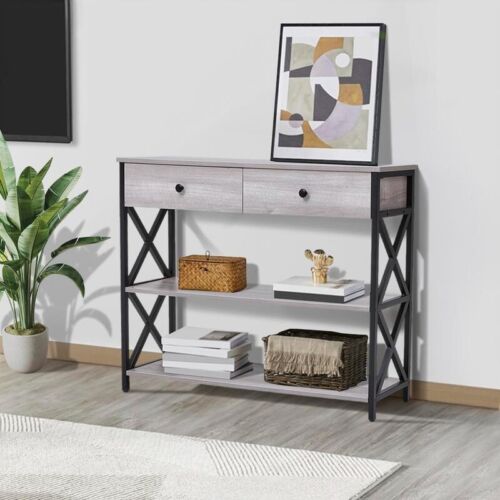 Rustic Grey Narrow Wooden Console Table with Drawers - Picture 7 of 12