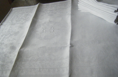 ANTIQUE 1880 Victorian set of 12 napkins large linen damask "BG" mono 29"x27" - Picture 8 of 9