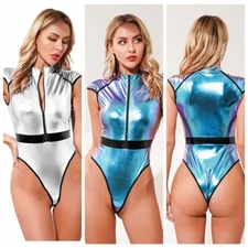 Women Costume Skin-friendly Catsuit High Cut Bodysuit Mock Neck Leotard Hot