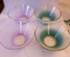 Vintage Mint 1960s Set of 4 "Blendo" Frosted Bowls 2 Lilac,2 Teal 22k Gold Trim