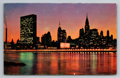 New York Skyline at Night Pan American World Airways VTG UNP C.1960 Postcard
