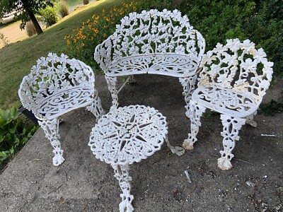 Vintage Cast Iron Victorian G Vine Motif Garden Set Bench 2 Chairs Table - Cast Iron Patio Table Vintage Vintage Cast Iron Victorian G Vine Motif Garden Set Bench 2 Chairs Table - Cast Iron Patio Table Vintage