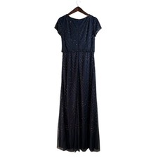 $195 New Adrianna Pappel Beaded Dress Gown 8 Wedding Evening Elegant Navy 