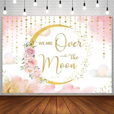 Moon Stars Blush Pink Watercolor Floral Baby Shower Backdrop 7x5ft Celestial