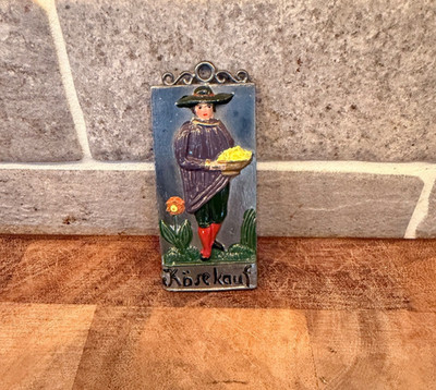 Vintage 3'' German ''Kasekauf''  Cheese Buyer Metal Relief Wall Plaque Hand Painted