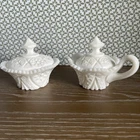 Vintage White Milk Glass Cut Glass Star Cream 6.5” & Sugar 5 1/4” Both With Lids