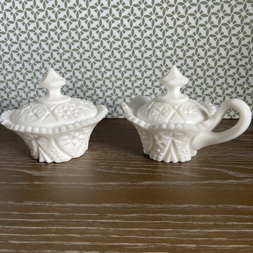 Vintage White Milk Glass Cut Glass Star Cream 6.5” & Sugar 5 1/4” Both With Lids
