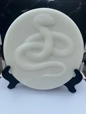 White jade Crystal Plaque Snake Carving 12" Diameter with Stand 2400 Grams