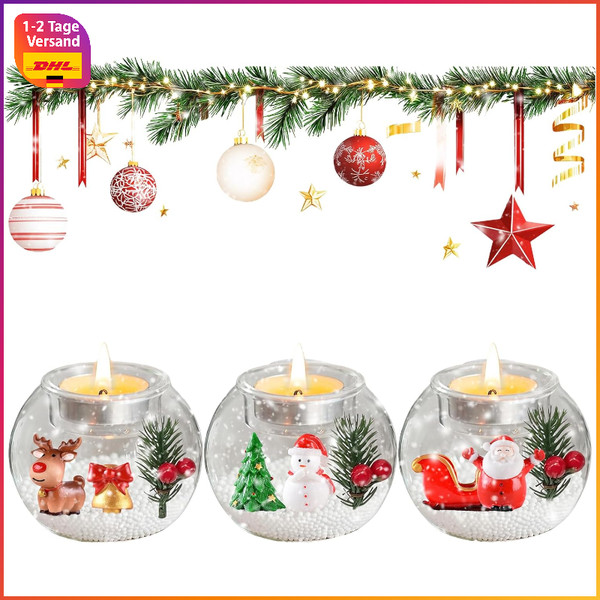Teelichthalter Weihnachten Set 3Er Glas Nikolaus Rentier Schneemann Deko Tisch-image