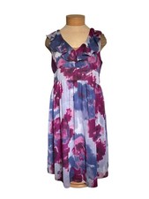 Ann Taylor LOFT Womens 14 Purple Blue Dress Floral Ruffle Neck Sleeveless A-Line