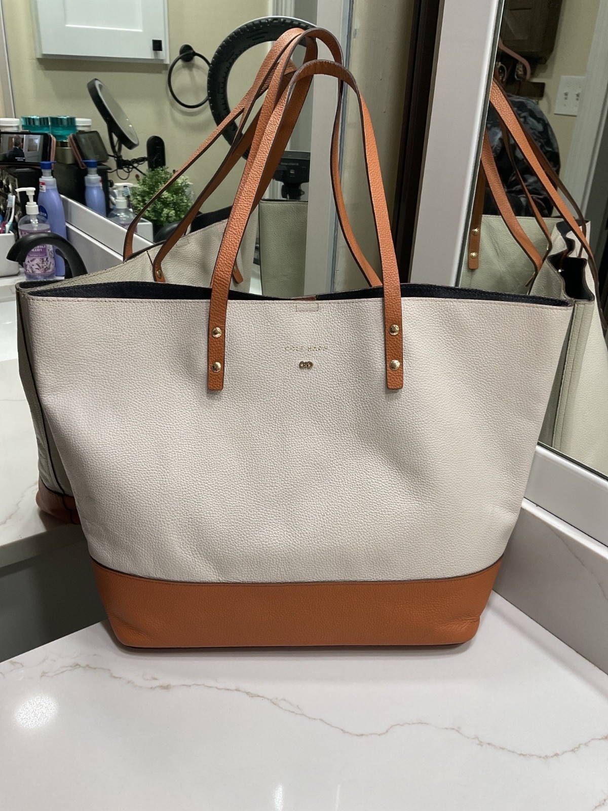 Cole Haan Beckett Tote Bag Pebbled Leather Color Block Large Casual School Work