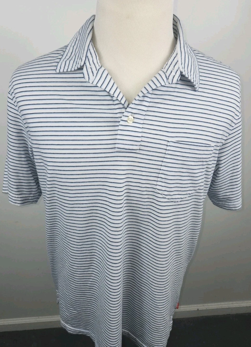Izod Mens Large Pocket Blue White Striped Golf Polo Casual Shirt