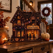 Personalized Haunted House Wooden Block, Family Halloween Shelf Decor Gift 14in