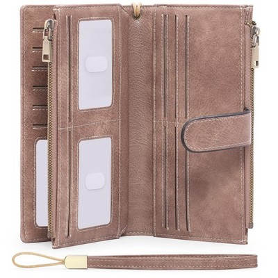 Womens Wallets Large Capacity Credit Rfid Wallet Double Zipper Pocket Leather...