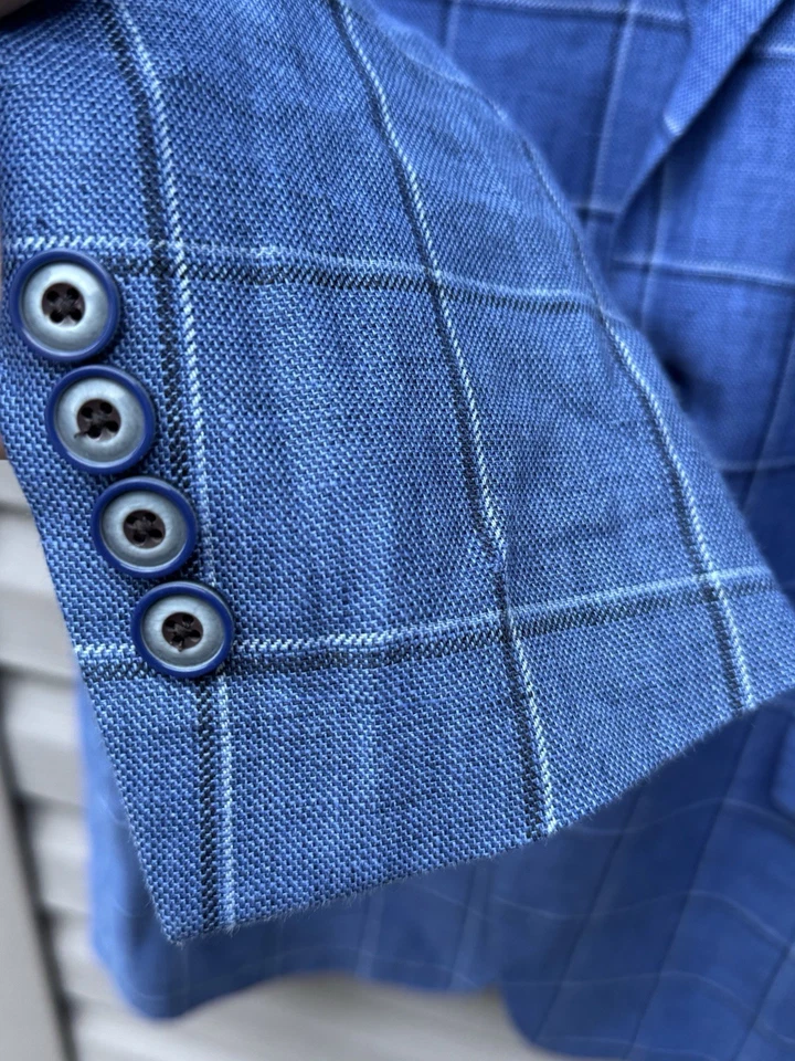 Blazer TALLIA Para Hombres Abrigo Deportivo Chaqueta de Dos Botones 46L Lino Azul Traje Parche Codo Foto 4 de 4