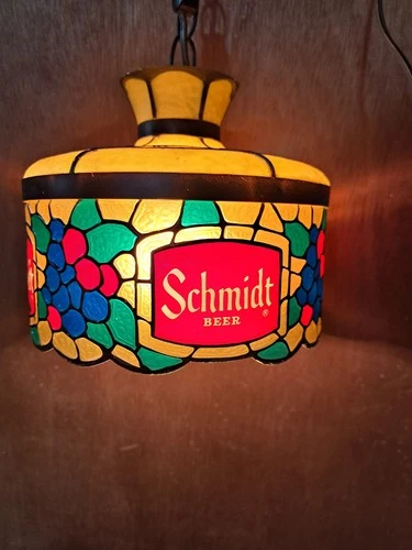 Vintage SCHMIDT BEER Hanging Lamp Lighted Sign Faux Stained Glass  READ