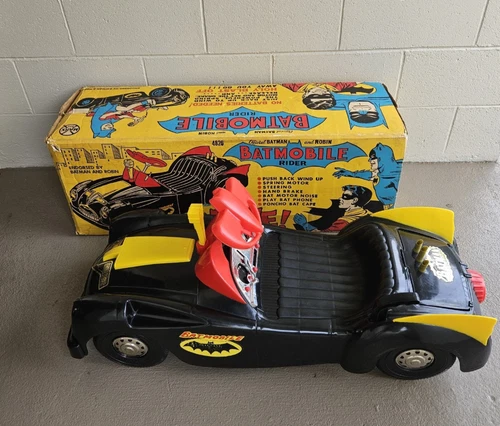 1966 BATMAN RIDER CAR TOY BATMOBILE BY LOUIS MARX CO. W/ ORIGINAL BOX AND TOOLS