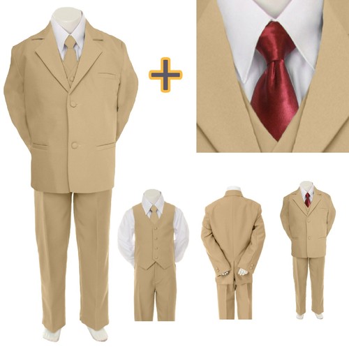 New Boy Infant Toddler Teens Formal Wedding Party 5pc Khaki Suit + choose a Tie - Picture 11 of 36